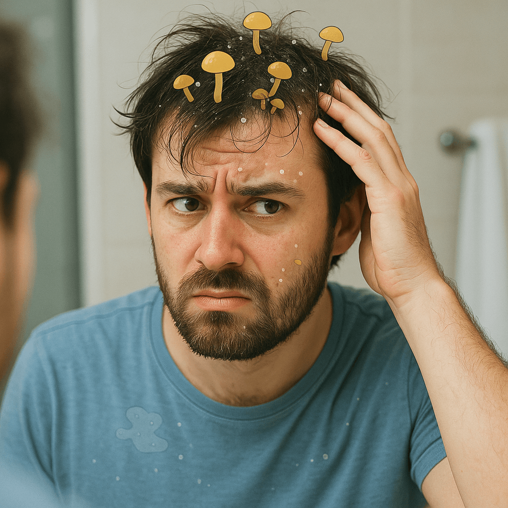 A man looks unhappily at his greasy, flaky scalp in the mirror, with cheeky cartoon fungi added for humor. The image shows how skipping shampoo can lead to buildup, irritation, and an unhealthy scalp.