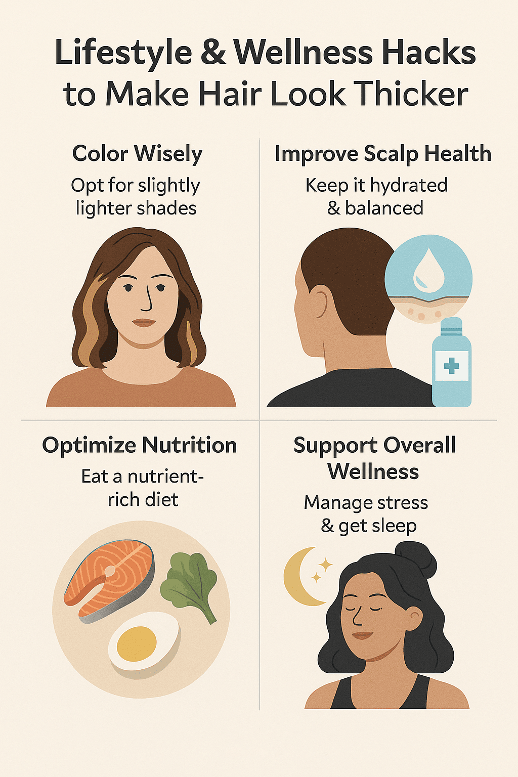 Nutrition, exercise, and scalp care routines that reduce the appearance of thinning hair.