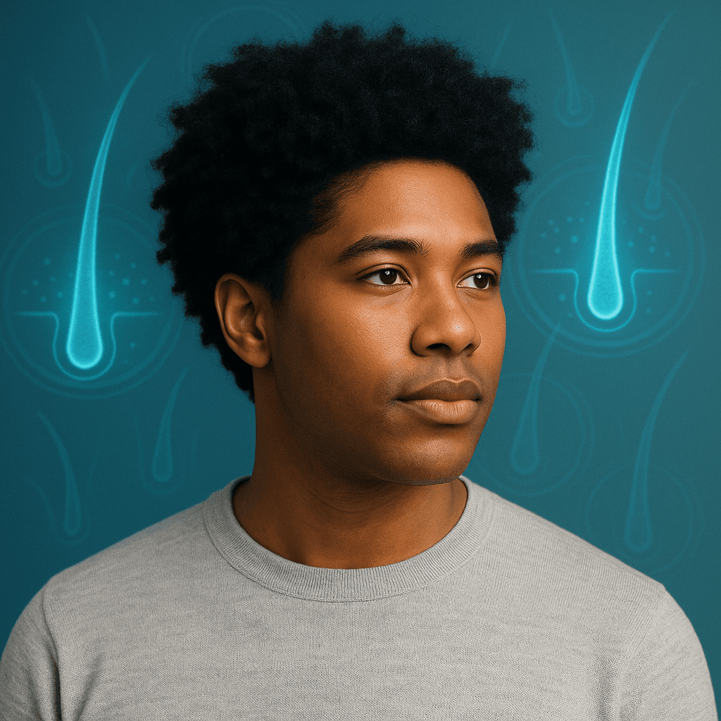 Futuristic lifestyle image featuring a confident individual with thick, healthy hair, supported by glowing follicle visuals that symbolize Growth Maxi’s advanced results.