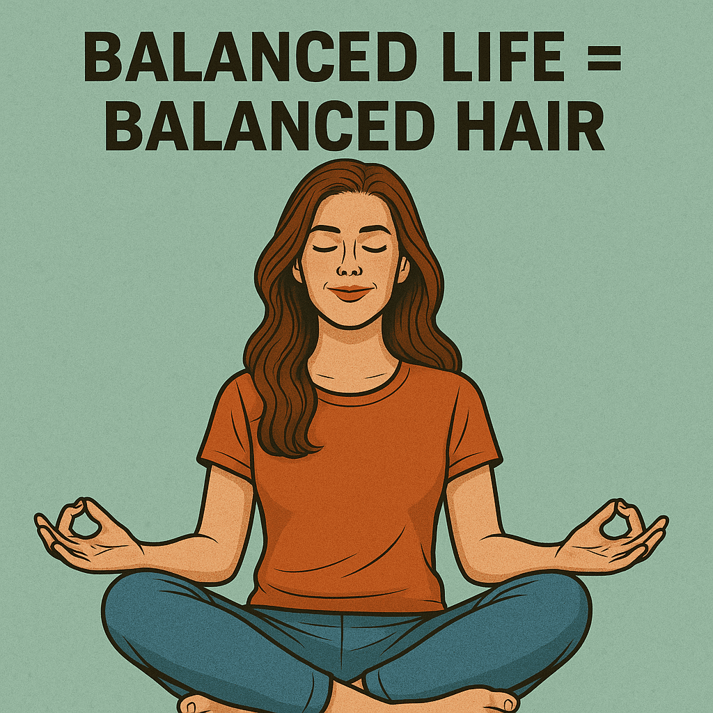 An illustrated woman with long, healthy hair sits cross-legged in a meditation pose against a teal background. She wears a burnt-orange shirt and blue pants, with eyes closed and hands in a calm mudra gesture. Above her, bold text reads “Balanced Life = Balanced Hair,” highlighting the connection between stress reduction, wellness, and hair health.