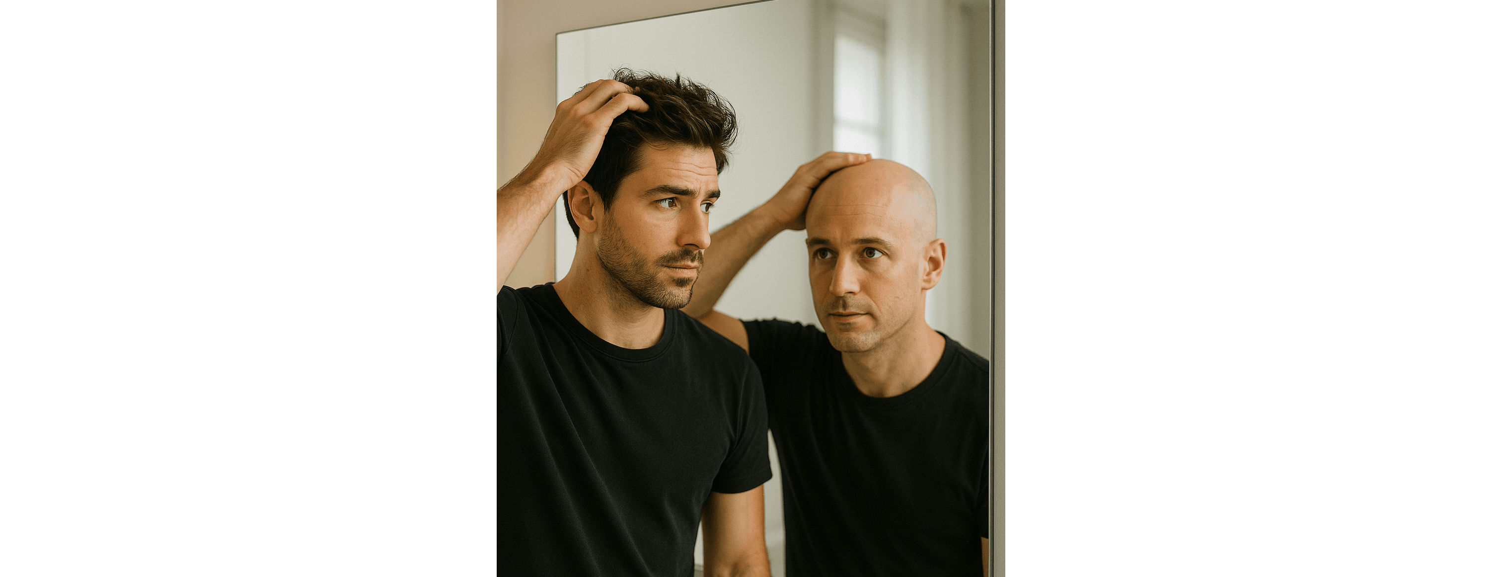 A man looks into the mirror, seeing himself with hair and bald — capturing the emotional reality of hair loss and its impact on confidence.