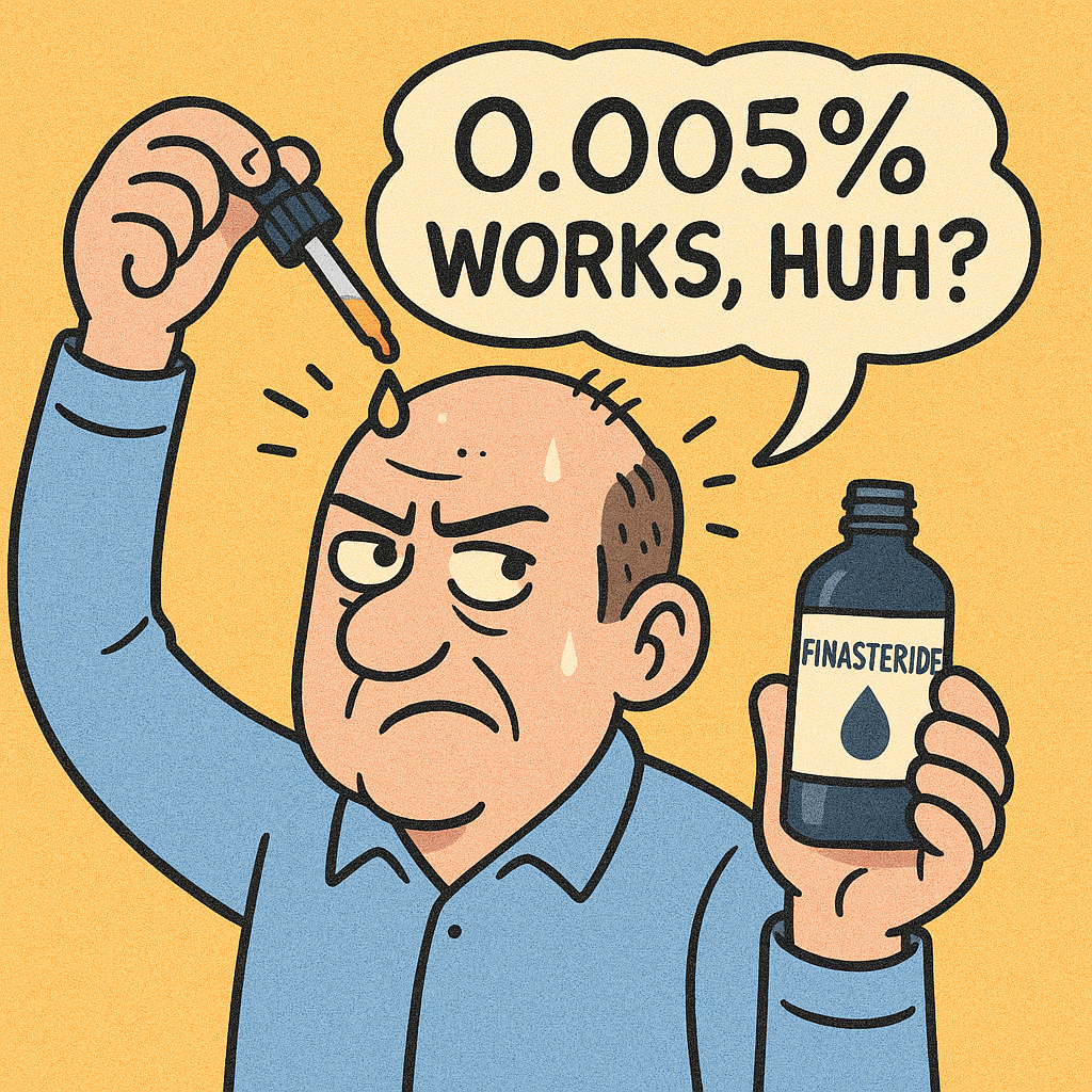 Playful cartoon illustration of a man applying topical finasteride 0.005% with a skeptical expression, adding humor and personality to the article.