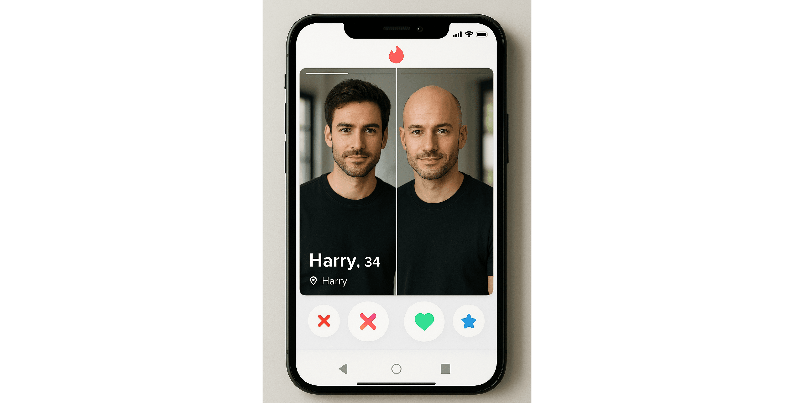 A side-by-side Tinder profile comparison showing the same man with hair and bald, illustrating how appearance affects online matches.