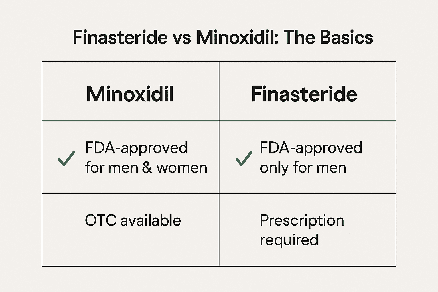 Chart comparing Minoxidil vs Finasteride basics — FDA approval, OTC vs prescription hair loss treatments.