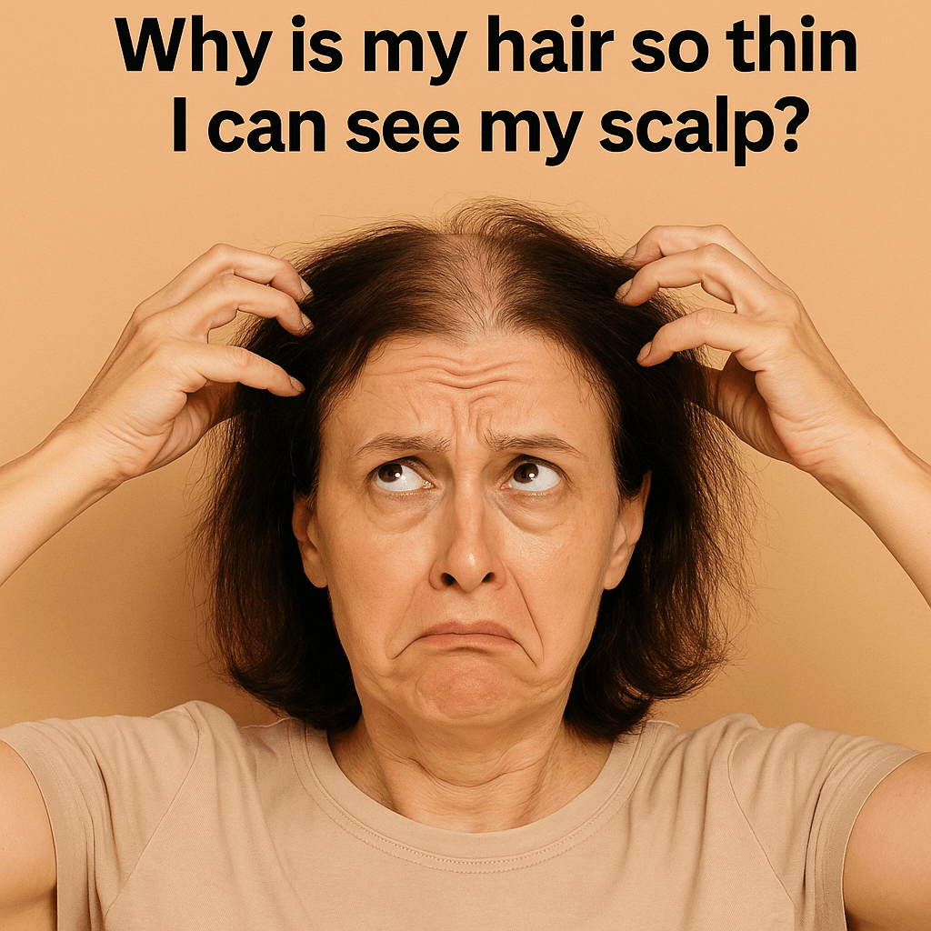 A middle-aged woman parts her thinning hair with her hands, revealing visible scalp while looking up with a worried expression. The background is a warm beige, and the bold caption above reads: “Why is my hair so thin I can see my scalp?” This image illustrates the emotional concern of early hair thinning.
