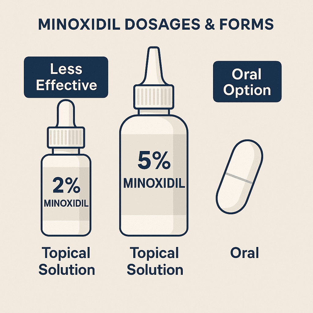 Infographic of Minoxidil dosages — 2% and 5% topical solutions plus oral option for hair regrowth.