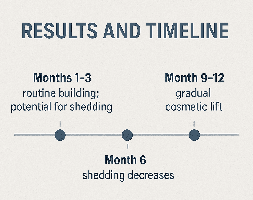 Visual timeline showing expected results from 0.005% topical finasteride over 16 months — from early shedding to modest density improvements.