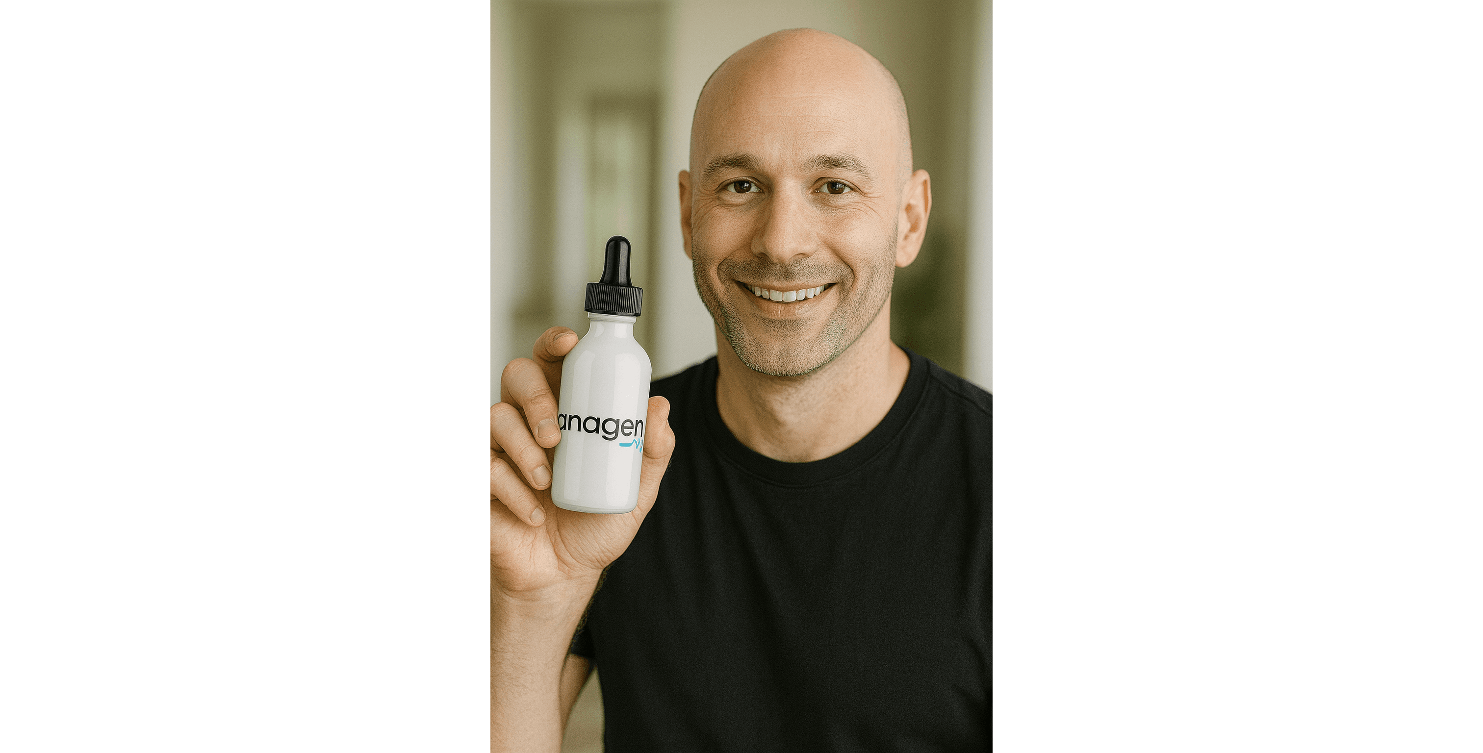 A smiling man holds up a bottle of Anagen Growth Maxi, showcasing modern hair loss treatment designed for thicker, fuller hair.