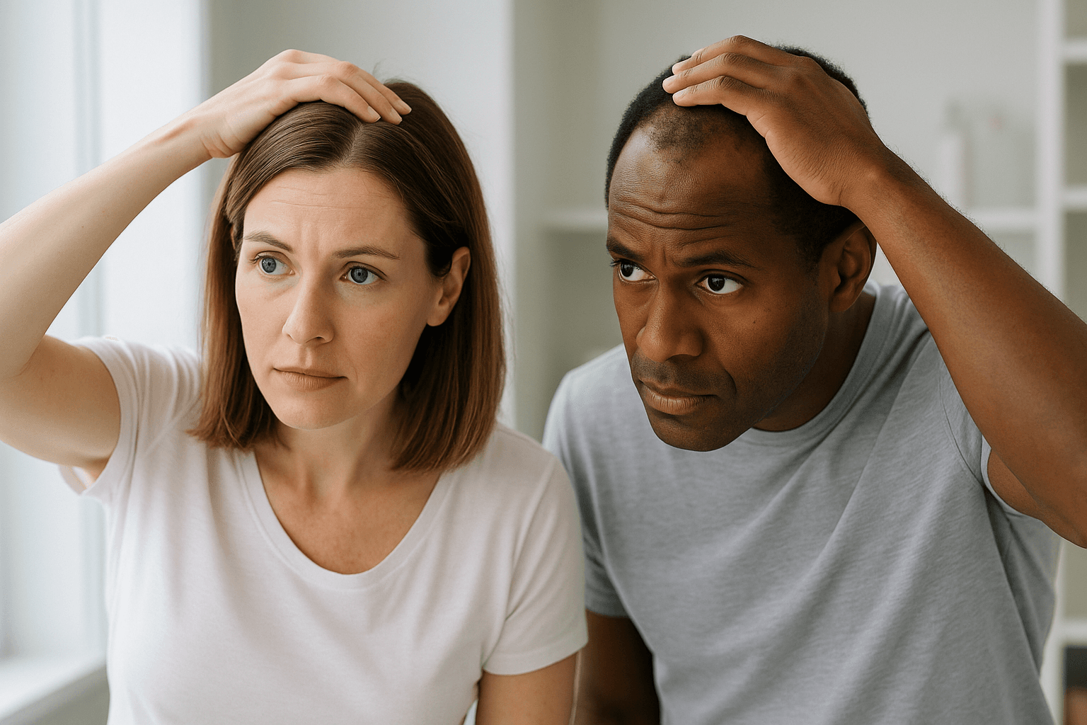 A man and woman thoughtfully examining their hair in the mirror—showing how hair loss can begin in different patterns
