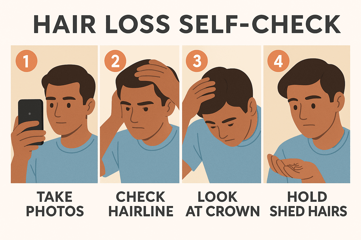 Step-by-step infographic showing how to track hair changes—taking photos, checking the hairline and crown, and monitoring shedding volume.