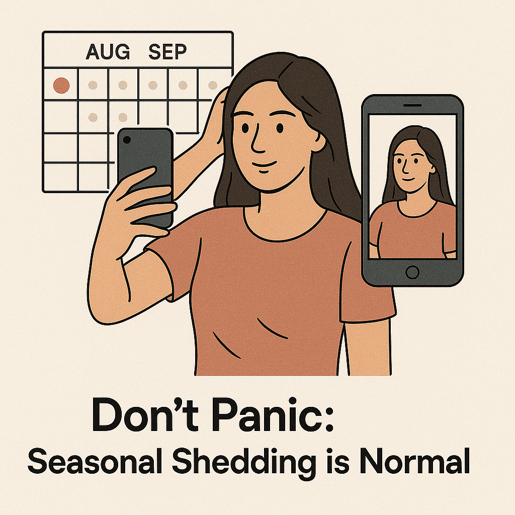 Cartoon-style illustration of a woman taking a mirror selfie with calendar months August/September behind her and text reading “Don’t Panic: Seasonal Shedding is Normal.”