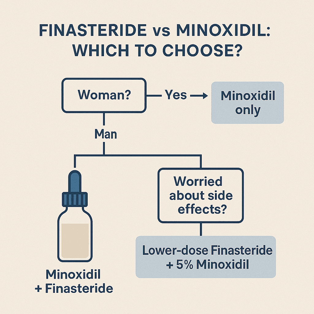Decision flowchart showing Minoxidil only for women, Minoxidil plus Finasteride for men, and lower-dose combo for fewer side effects.