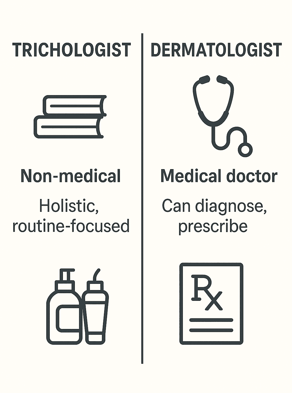 Split-screen infographic comparing trichologists (non-medical, holistic, routine-focused) with dermatologists (medical doctors who can diagnose and prescribe).