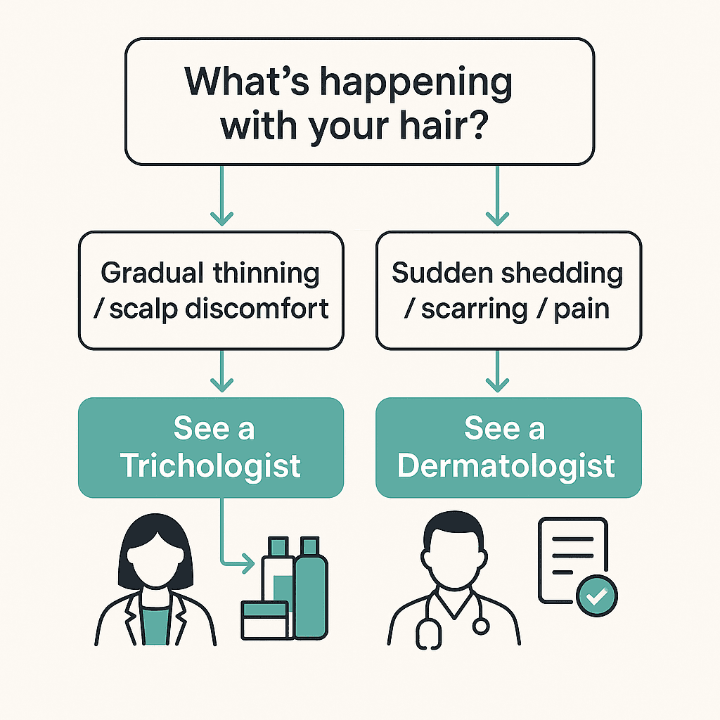 A flowchart guiding readers to see a trichologist for gradual thinning/scalp comfort, or a dermatologist for sudden shedding, pain, or scarring.