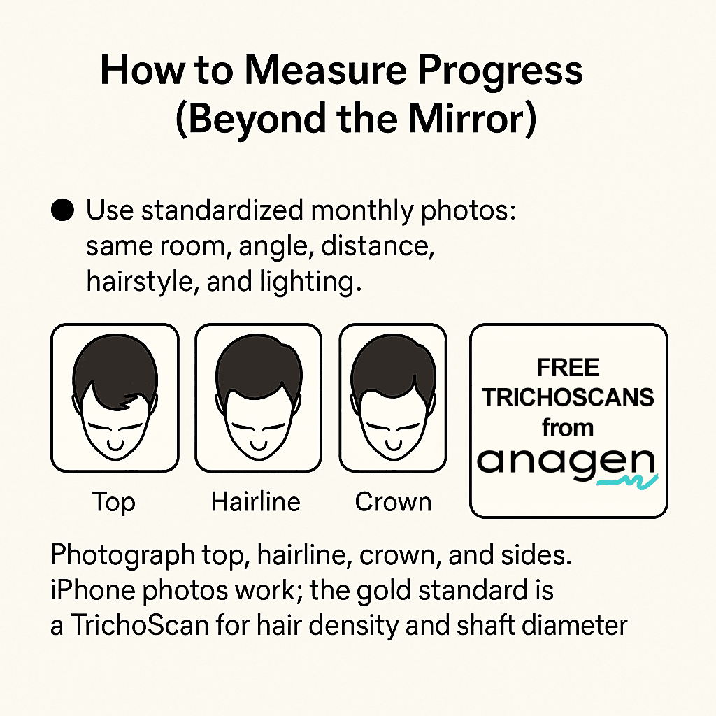 Infographic showing standardized monthly photos of top, hairline, and crown, plus TrichoScan as the gold standard.