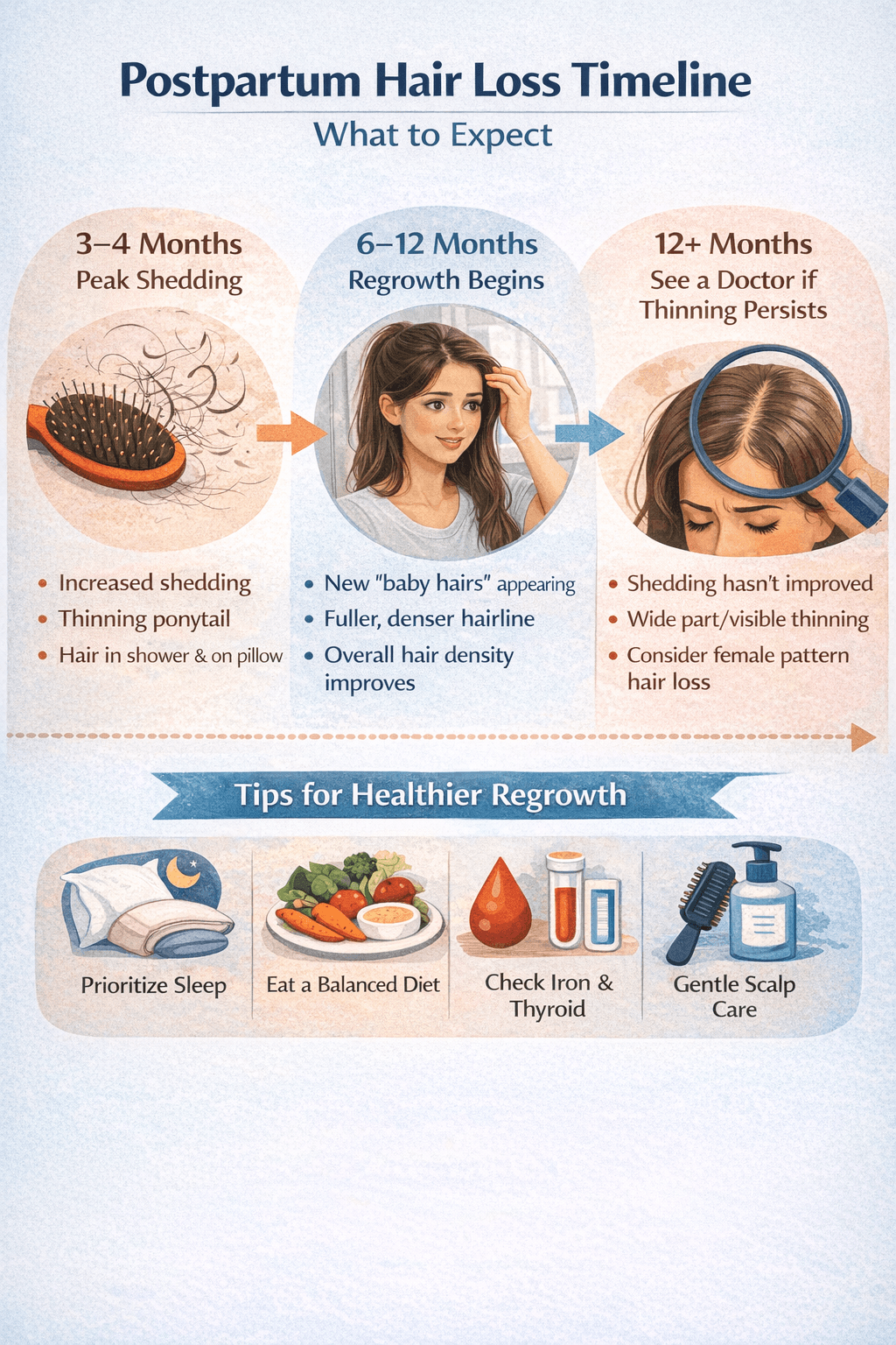 Infographic of postpartum hair loss timeline: shedding starts 6–12 weeks, peaks at 3–4 months, improves by 6–12 months, and when to see a doctor.