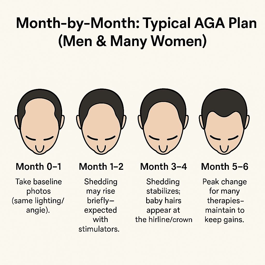 Illustrated heads showing Month 0–1 baseline, Month 1–2 shedding, Month 3–4 baby hairs, and Month 5–6 visible thickening.