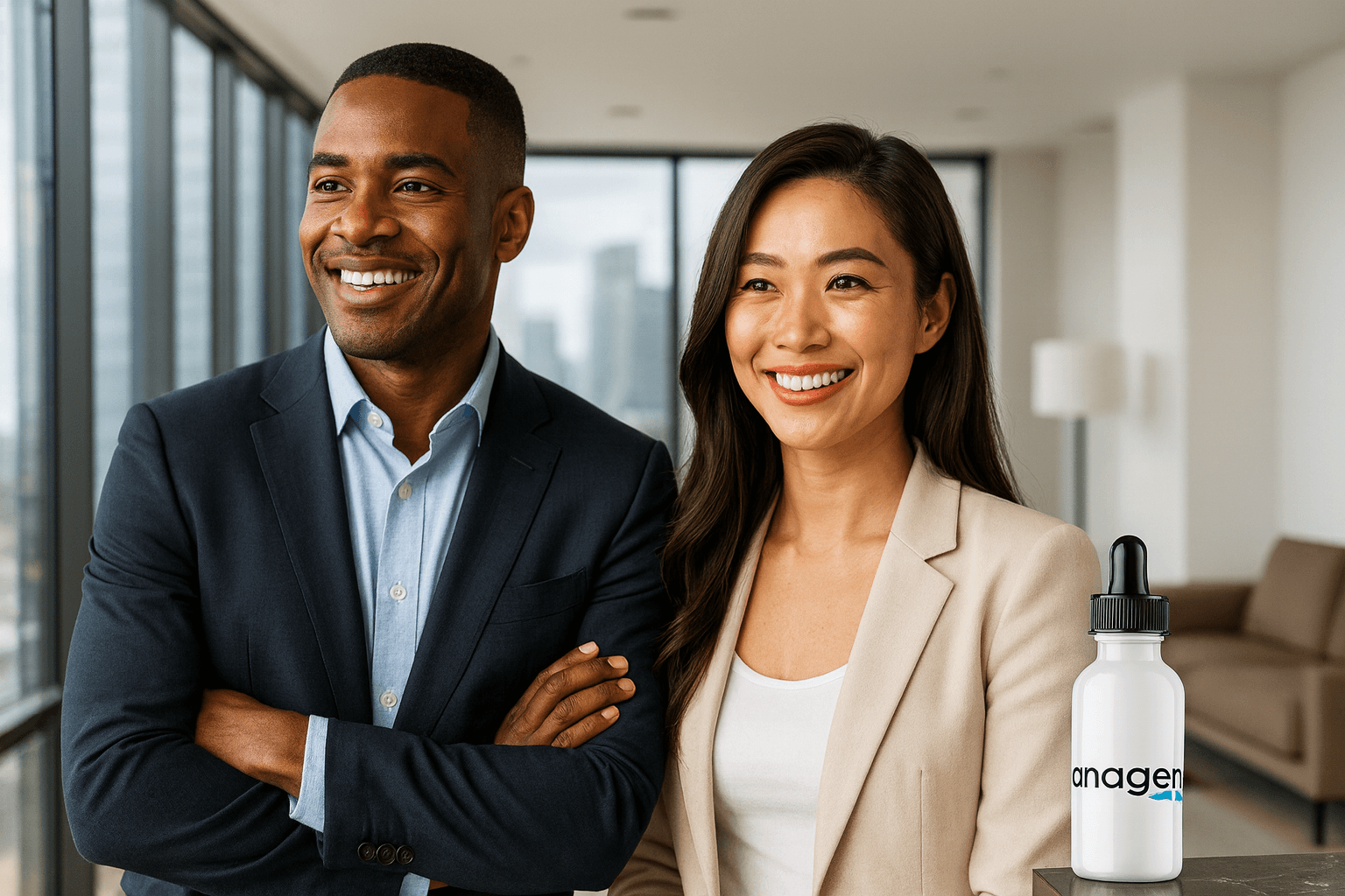 A confident man and woman with healthy hair stand proudly beside Anagen products, representing hope and effective treatment options.