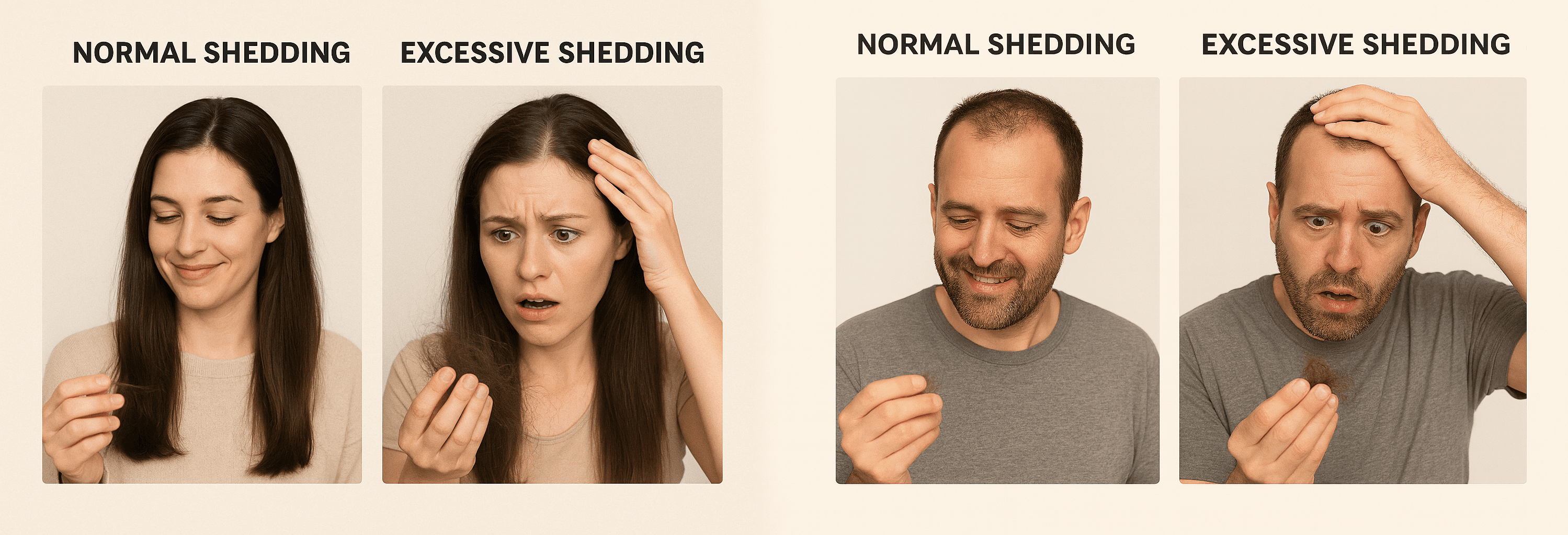 Side-by-side photo comparisons of a woman and a man, each showing the difference between normal hair shedding and excessive shedding that signals hair loss.