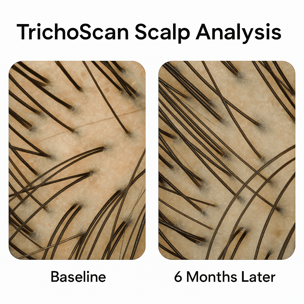 Side-by-side TrichoScan images comparing baseline and six-month follow-up. The second scan shows visibly denser, thicker hair growth, demonstrating how progress can be tracked over time.