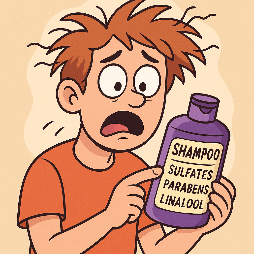 A cartoon character looks shocked after reading a shampoo label that lists sulfates, parabens, and linalool. Their frizzy, stressed hair makes the point that harsh ingredients can work against your hair goals.