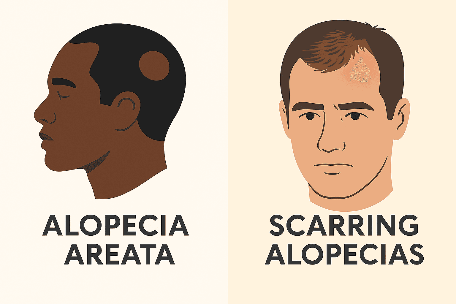 Infographic highlighting alopecia areata with patchy bald spots and scarring alopecias that can cause permanent loss without early treatment.