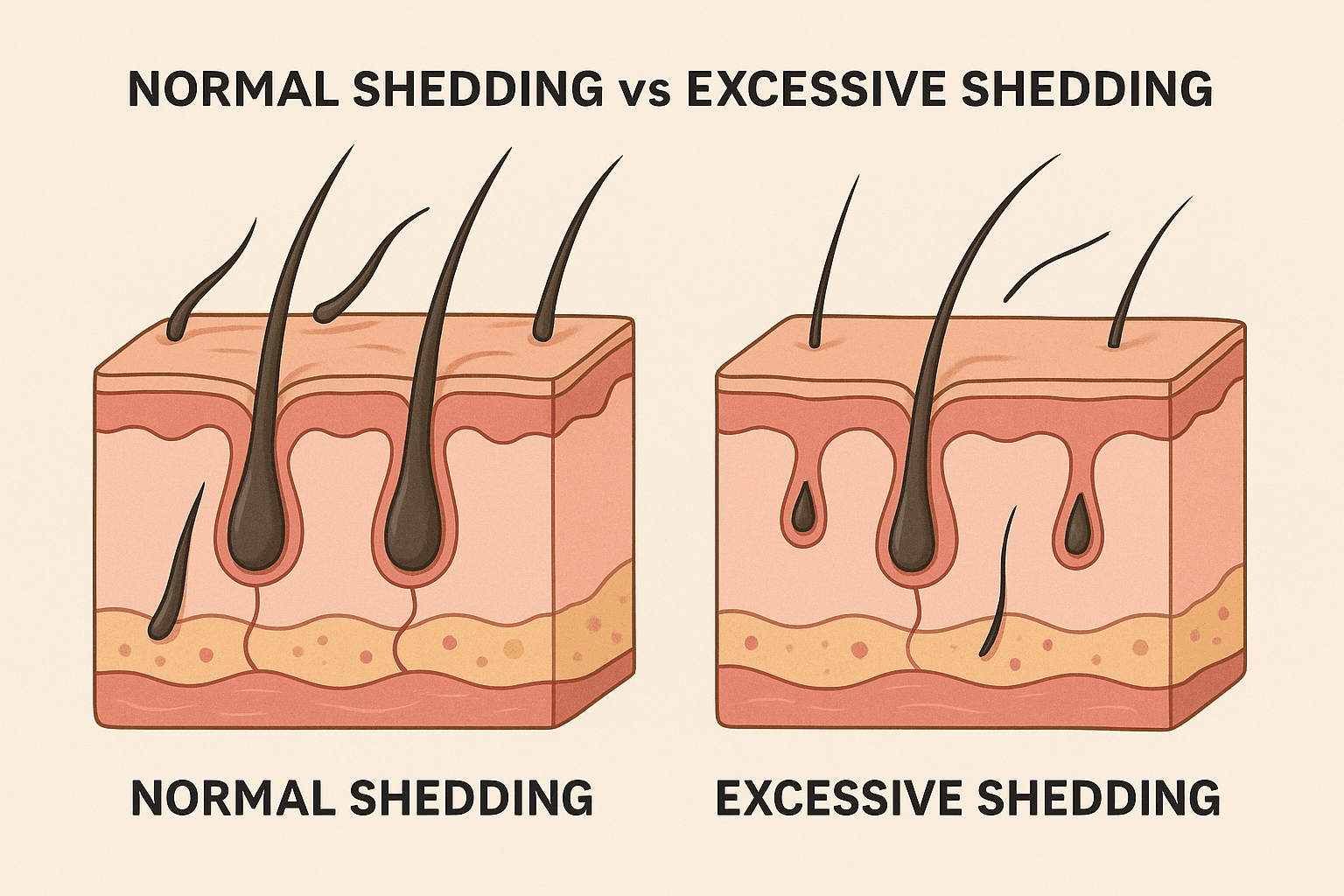 A medical-style illustration showing the difference between everyday hair shedding and true hair loss.