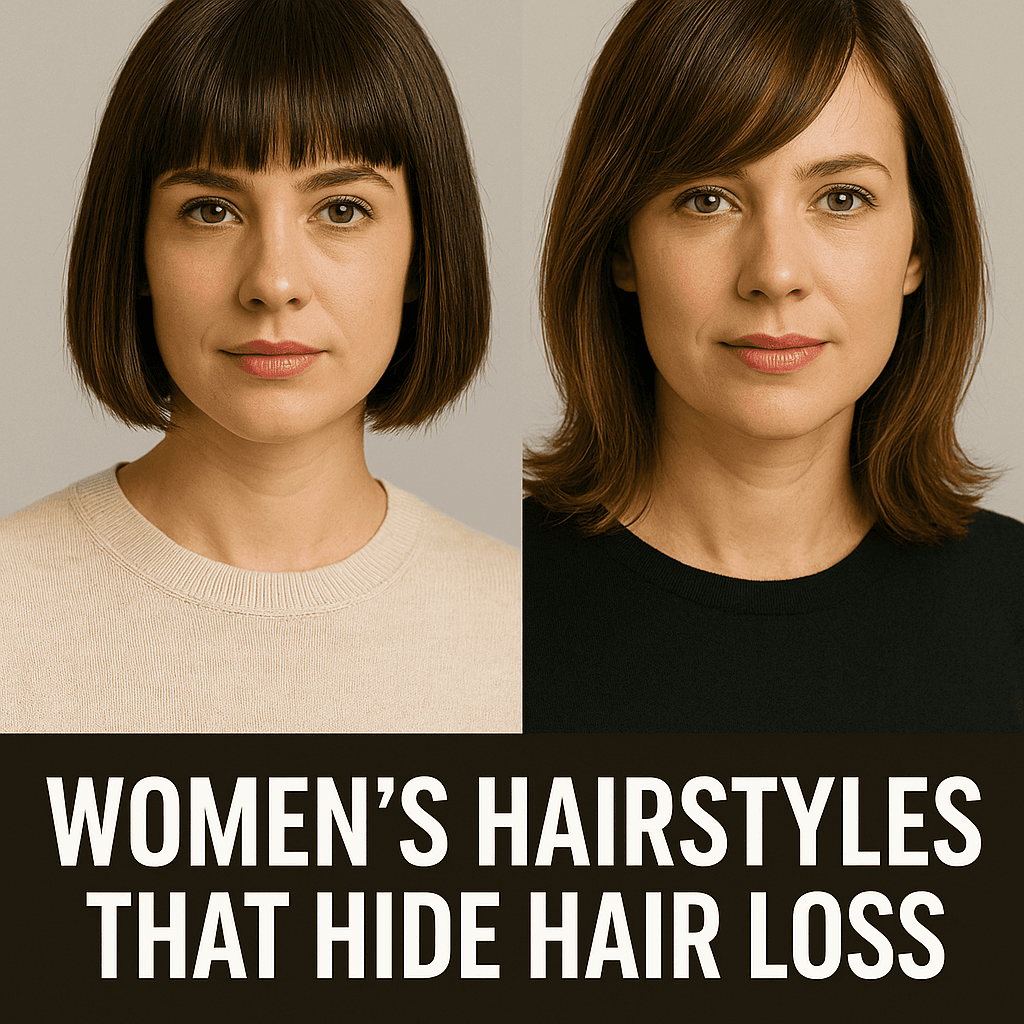 Blunt bob and fringe styles that help disguise thinning areas in women.