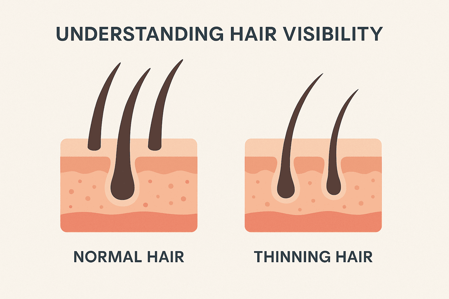 A flat, educational infographic showing two scalp cross-sections side by side. The left image labeled “Normal Hair” displays thick, dense follicles, while the right image labeled “Thinning Hair” shows fewer, finer strands with more scalp visibility. The graphic helps explain why thinning hair makes the scalp more noticeable.