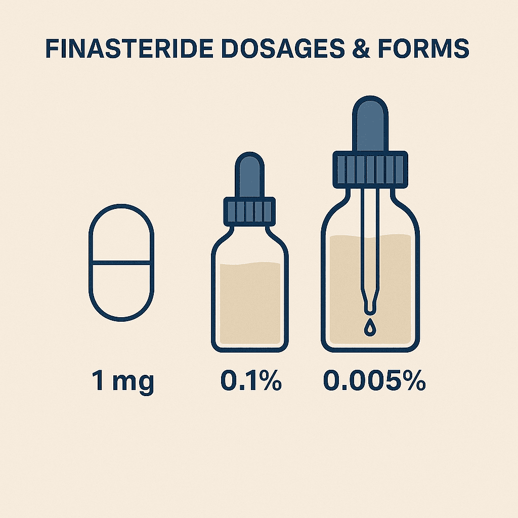 Infographic of Finasteride dosages — 1 mg oral tablet, 0.1% topical solution, 0.005% low-dose option.