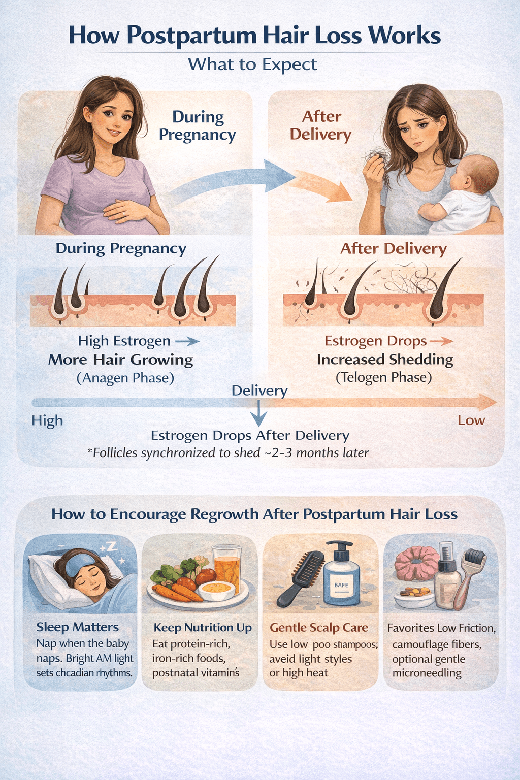 Illustrated guide: estrogen drops after delivery, follicles shift to telogen, shedding follows 2–4 months later, plus gentle regrowth tips. 