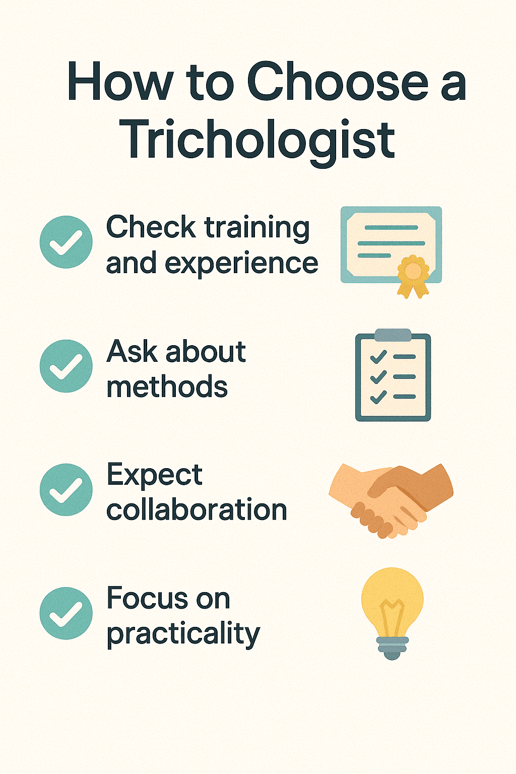 Checklist infographic with icons and text: check training, ask about methods, expect collaboration, and focus on practicality.