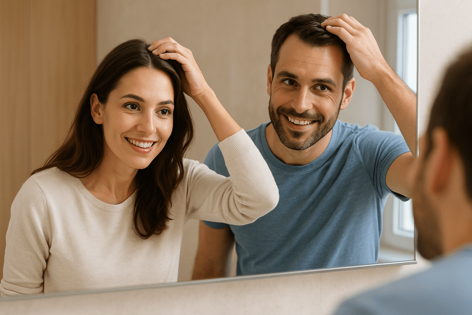 A smiling man and woman checking their hair in the bathroom mirror, representing optimism and routine in hair growth treatments.