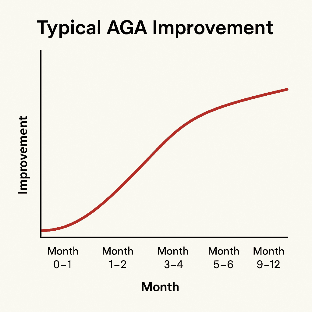Line chart showing steady hair improvement from Month 0 to Month 12, with visible progress peaking around 9–12 months.