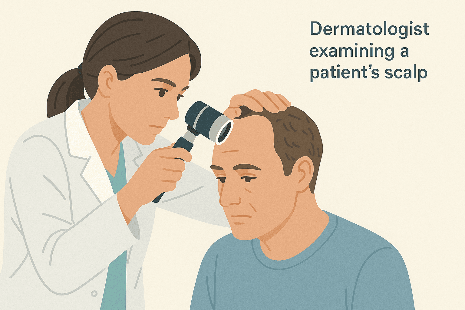 Clinical illustration of a dermatologist examining a patient’s scalp with a dermatoscope—reminding readers that expert care is key for unusual or rapid hair loss.