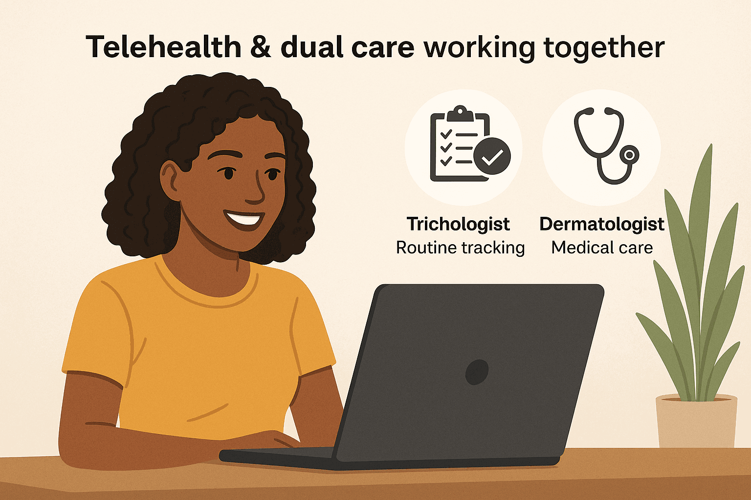 Illustration of a smiling woman in a virtual consultation with icons showing trichologist (routine tracking) and dermatologist (medical care).