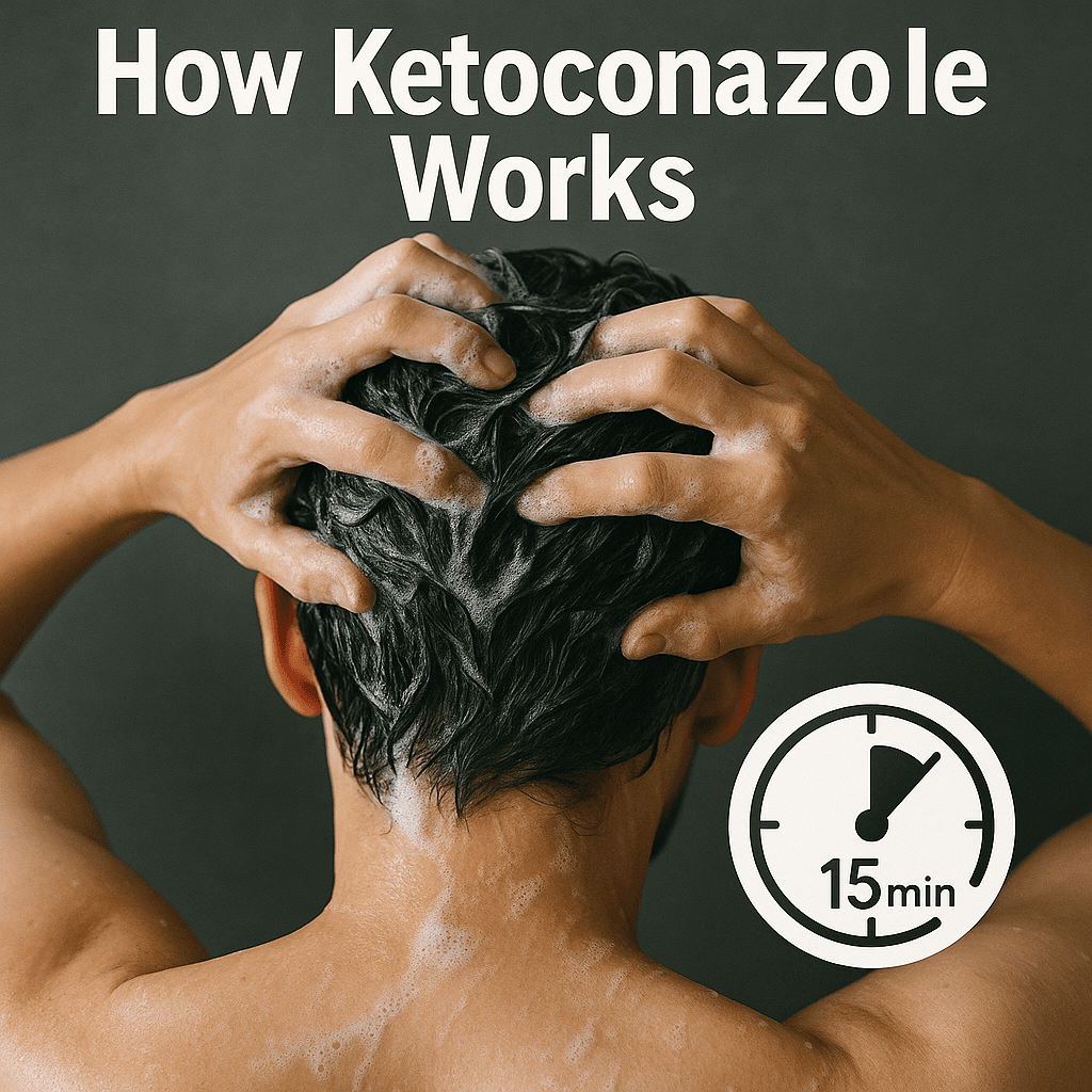 A person massaging ketoconazole shampoo into their scalp, with a subtle 15-minute timer overlay. This visual reinforces the importance of leaving the product on long enough to work effectively.
