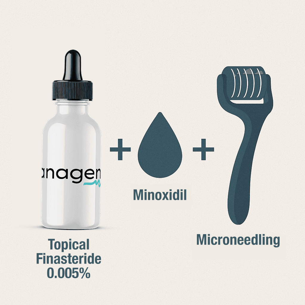 Minimalist graphic showing Anagen topical finasteride bottle alongside minoxidil and microneedling icons, representing combination hair loss treatments.\n