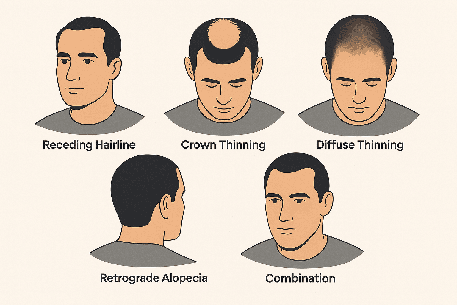 Illustrated infographic of typical male hair loss patterns, including receding hairline, crown thinning, diffuse thinning, retrograde alopecia, and combination types.