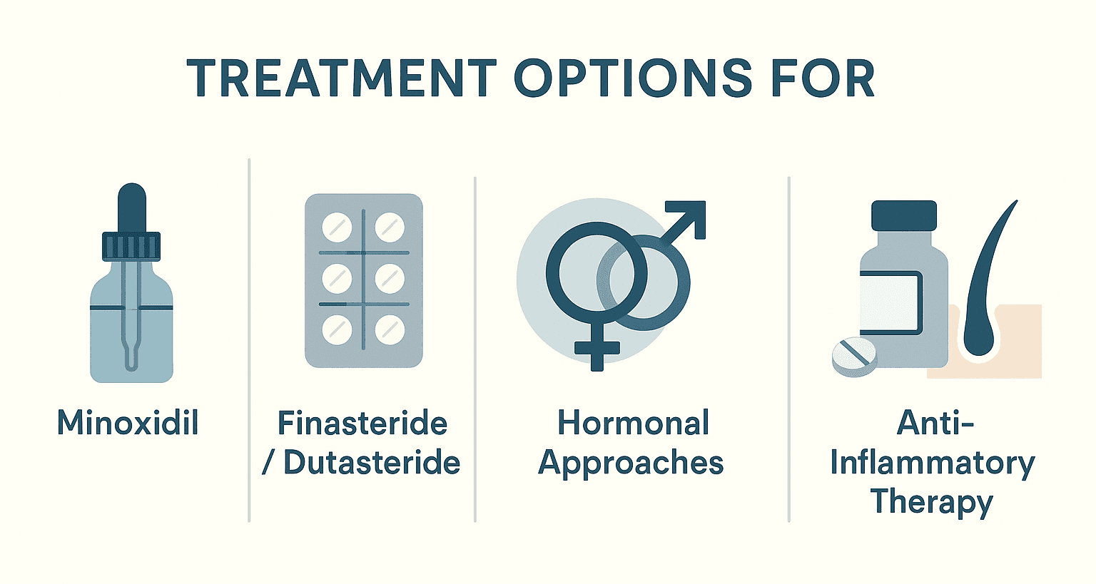 Infographic outlining treatment categories including minoxidil, finasteride/dutasteride, hormonal approaches, anti-inflammatory therapy, and hair transplants.