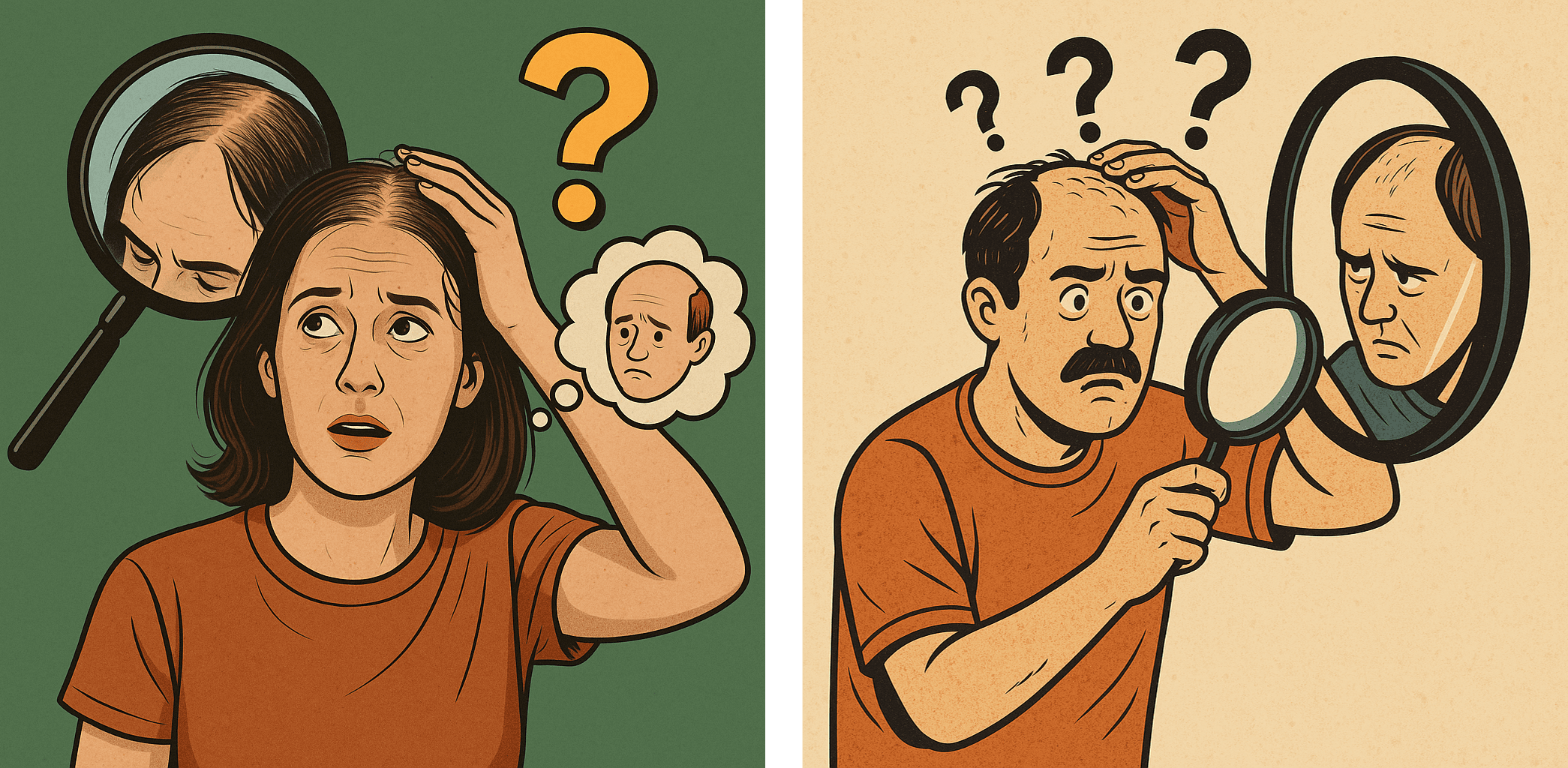 A digital illustration of a woman and man examining their thinning hair with a worried face. A magnifying glass hovers over her scalp, and a thought bubble shows them balding. A large question mark highlights their anxiety about hair loss.