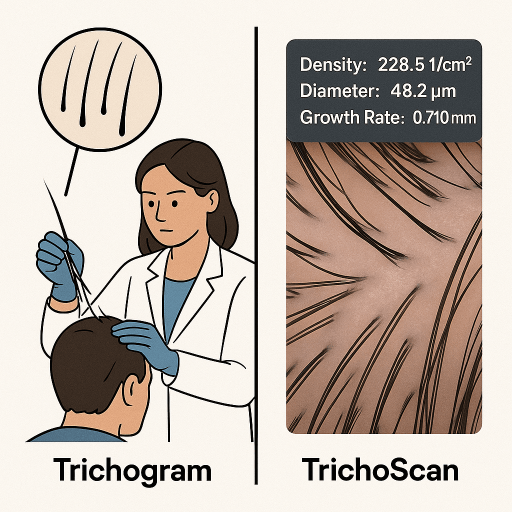 Split illustration comparing traditional trichogram hair plucking with modern TrichoScan digital imaging and growth metrics.
