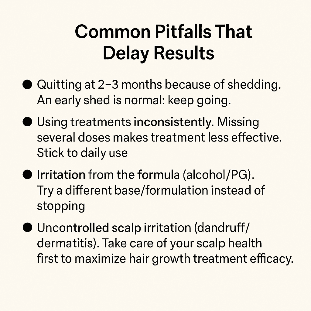List of pitfalls like quitting early, inconsistent use, or ignoring scalp irritation.