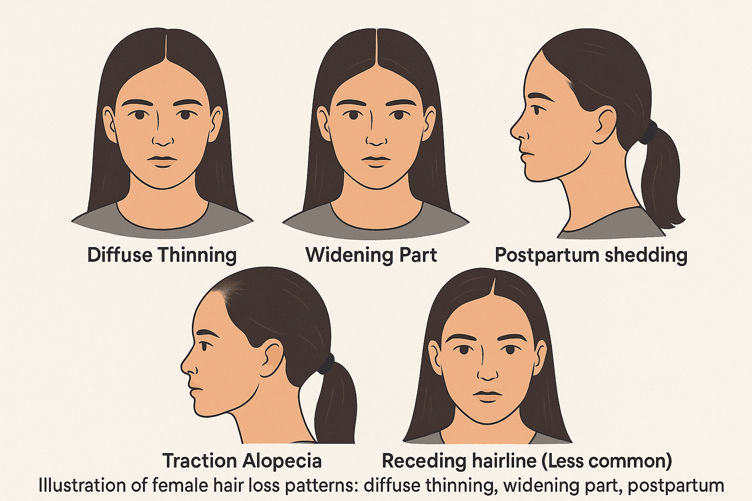 Illustrated infographic showing how women often experience hair thinning, including diffuse thinning, widening part, postpartum shedding, traction alopecia, and rare temple recession.