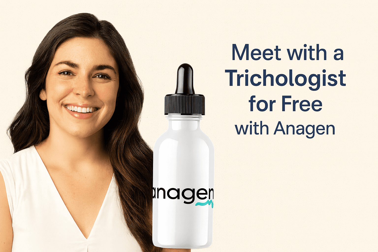 Lifestyle image of a confident woman with the Anagen product bottle and a clear CTA encouraging free trichologist consultations.