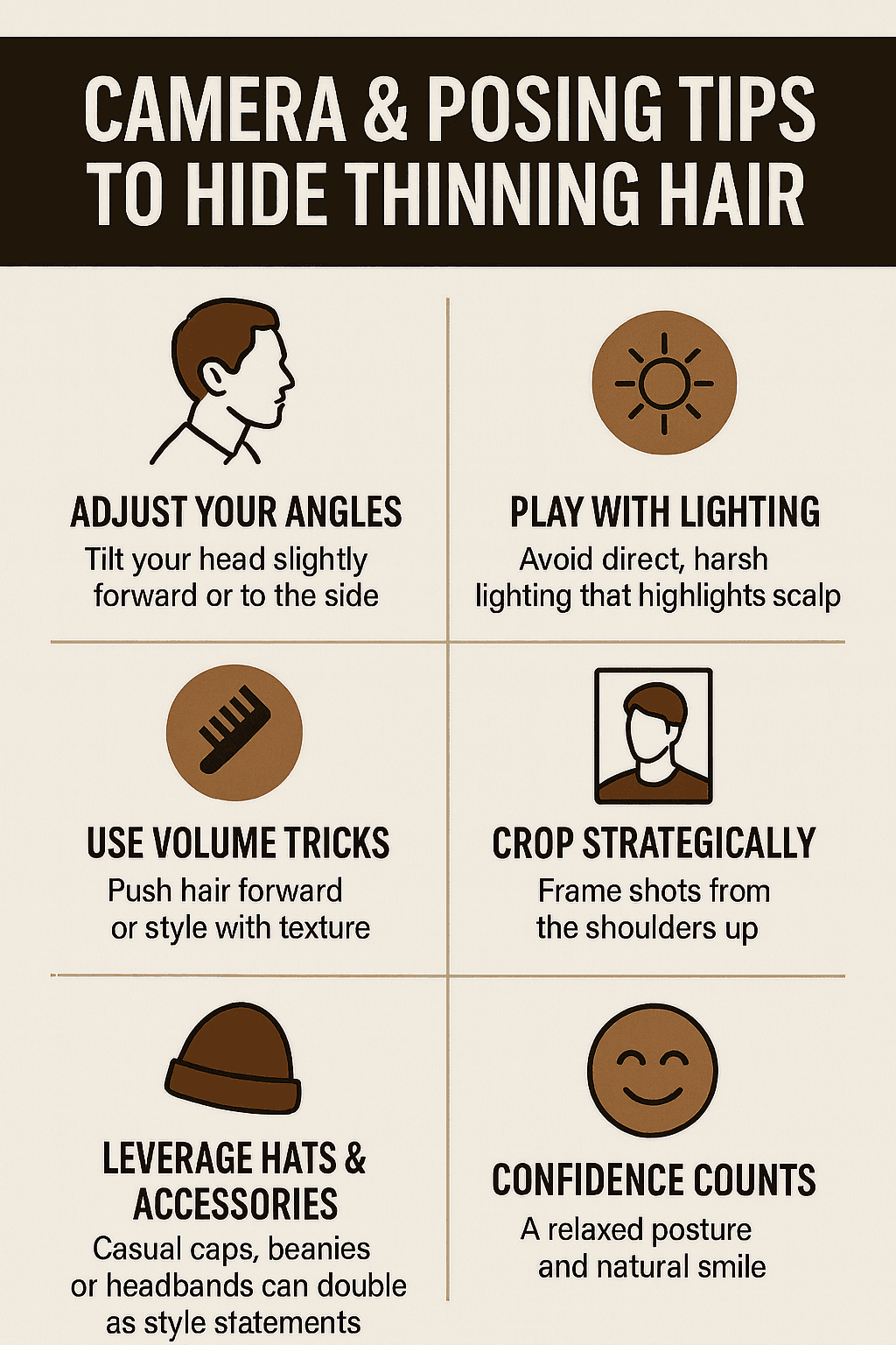 Illustrated tips for posing and lighting to minimize visible thinning in photos and video calls.