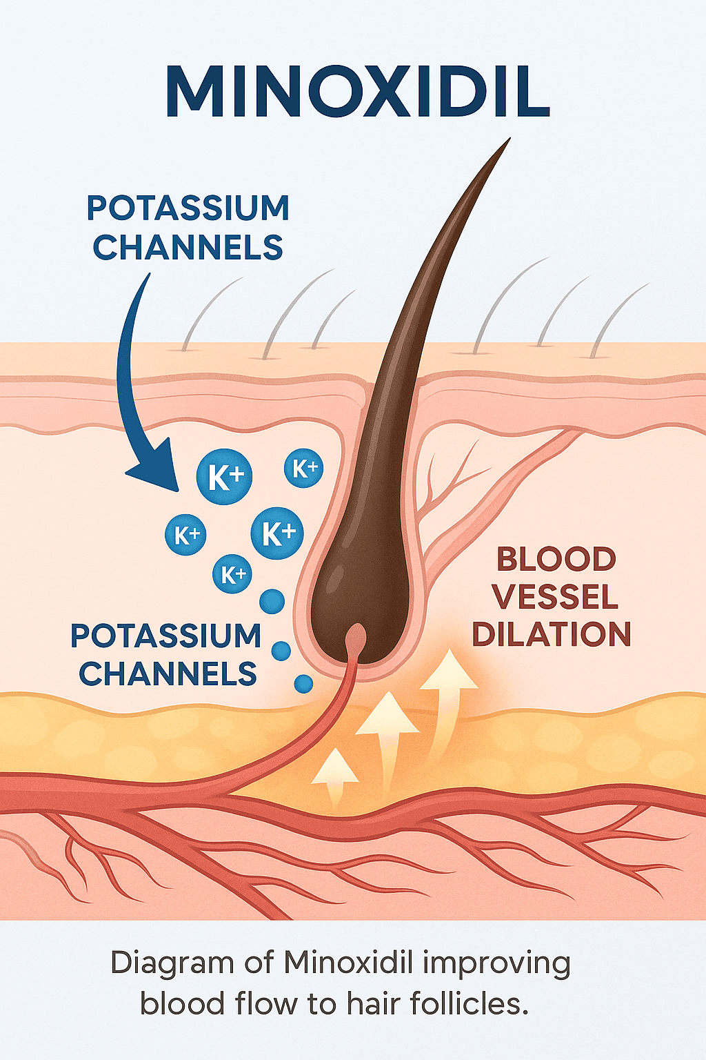 Simplified scientific diagram illustrating how Minoxidil opens potassium channels and dilates blood vessels to improve blood flow to hair follicles.